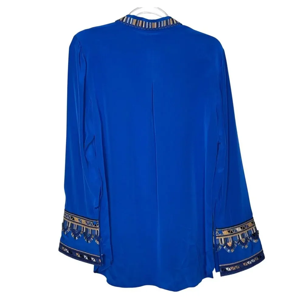 2010s Kobi Halperin Silk Azure Embroidered Blue Blouse Large NWT